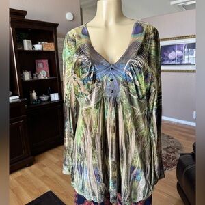 One World velvet & knit materials long sleeve & deep Vneck-size XL